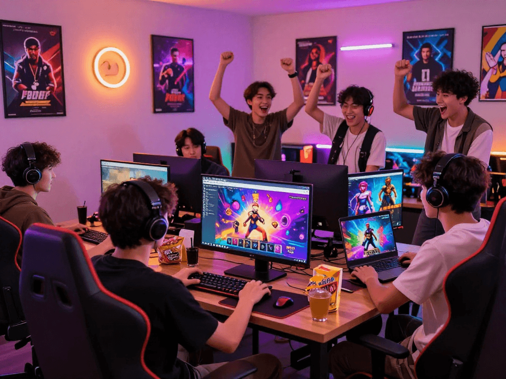 Engaging scene of players enjoying a gay sex game in a vibrant gaming lounge.