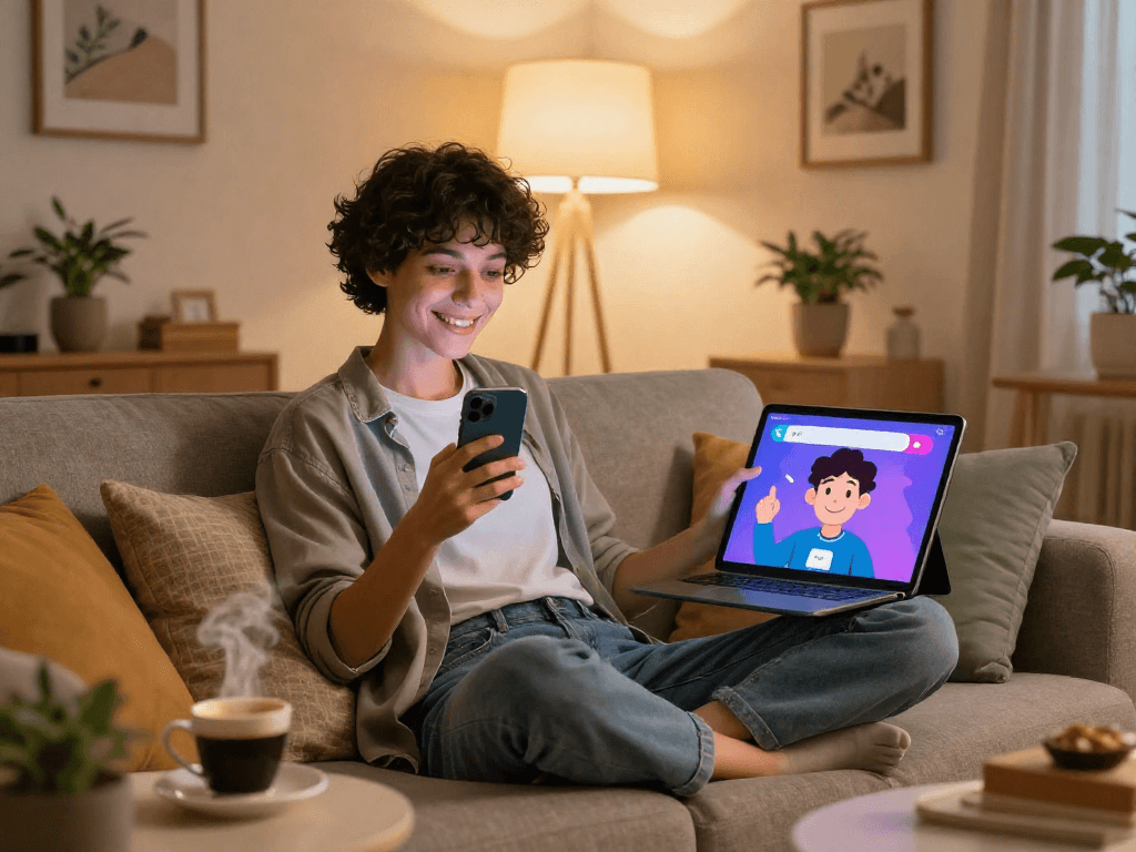 Engaging in sex chat ai with an animated character in a cozy living room while sipping coffee.