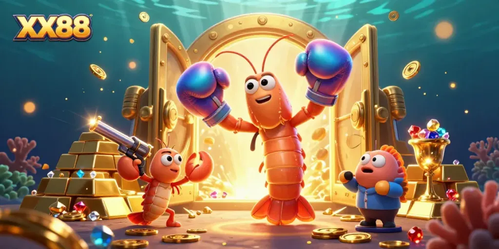 Engage with XX88's vibrant casino action featuring mantis shrimp champions in a treasure-filled scene.