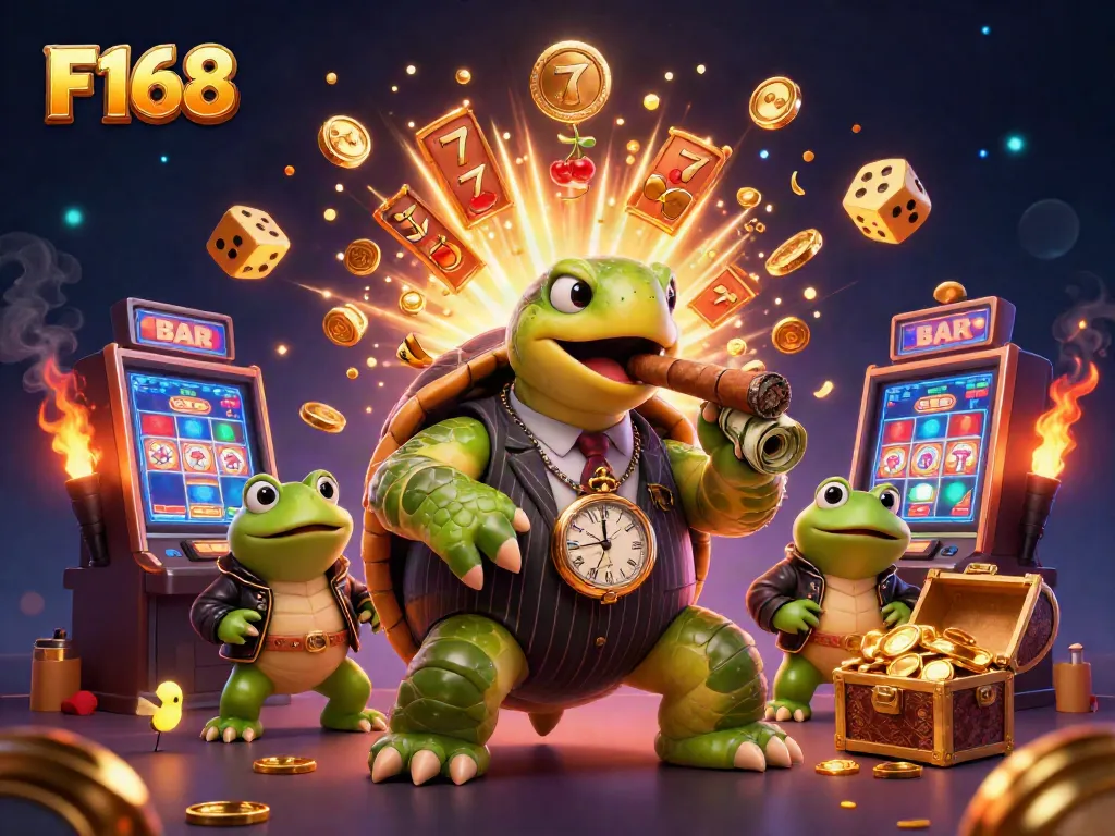 F168 players enjoying vibrant 3D casino excitement with slot machines and dynamic elements.