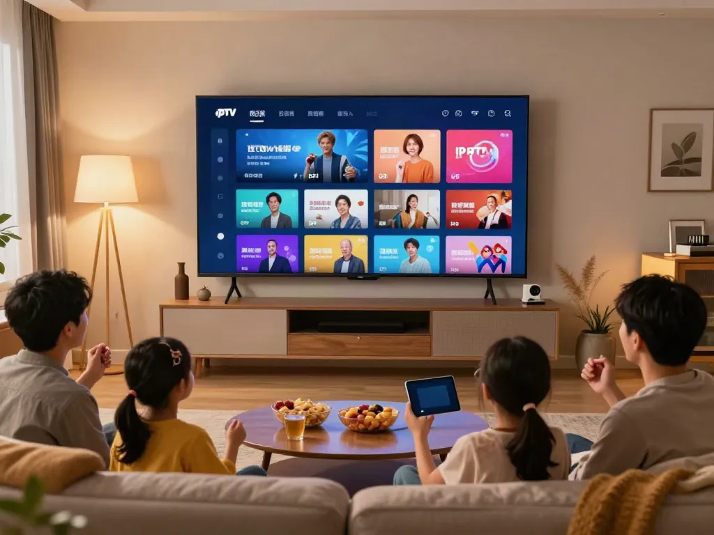 Family enjoying IPTV entertainment in a cozy living room while testing IPTV technology.
