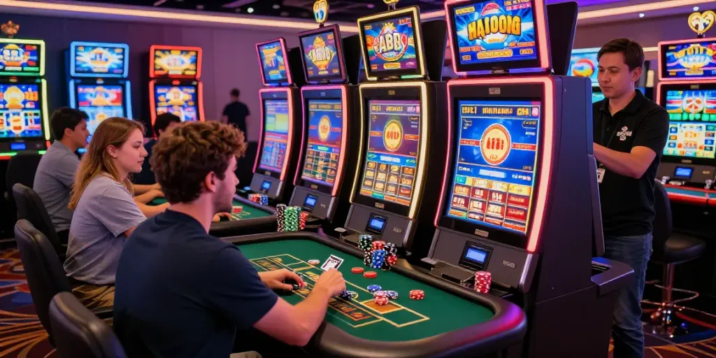 Players enjoying table games and slots while using credit card casino sites for transactions.