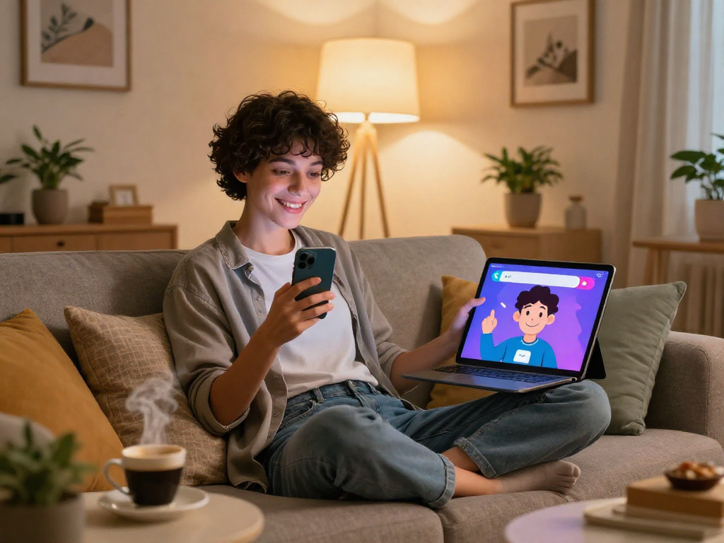 Engaging in sex chat ai with an animated character in a cozy living room while sipping coffee.