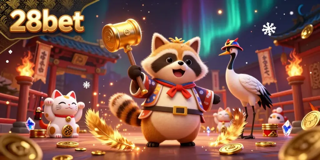 Experience the excitement at 28bet with a colorful tanuki and maneki-neko fortune cats celebrating in a vibrant atmosphere.