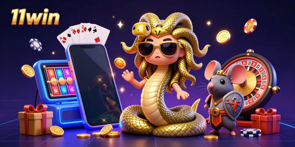 Experience thrilling gaming at 11win with Medusa and a warrior mouse in a vibrant casino scene.