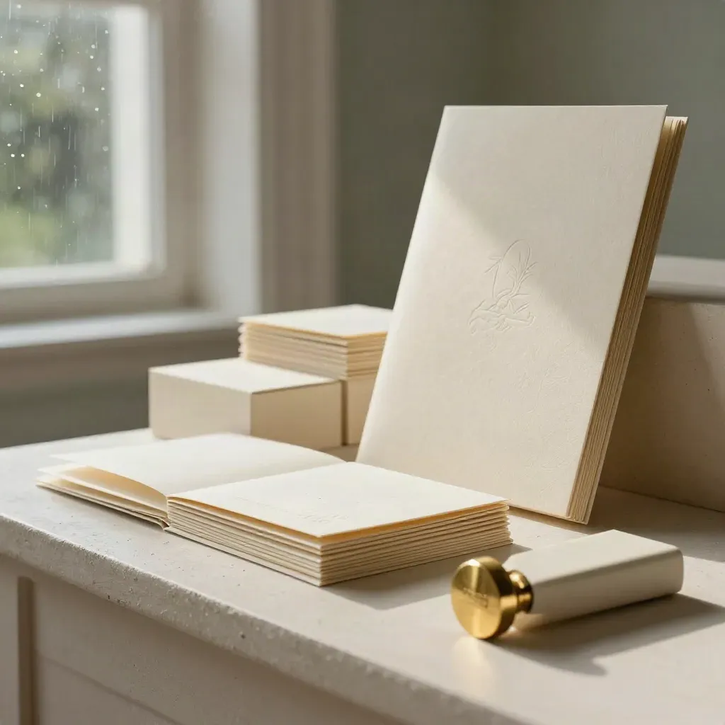Scena editoriale di branding con scatole avorio, folder e sigillo in ottone vicino a una finestra dopo la pioggia.