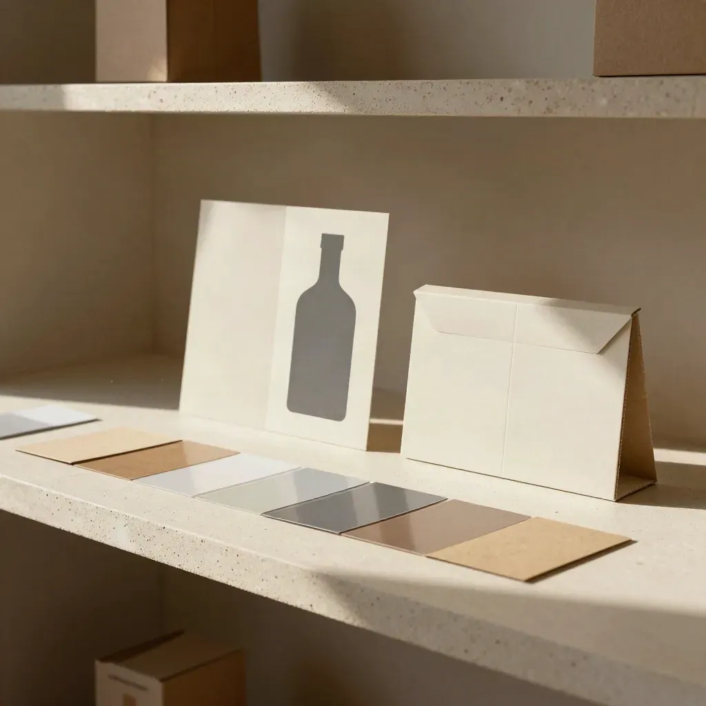 Mockup di packaging su banco in gesso, con luce radente e polvere di carta nell’atelier.