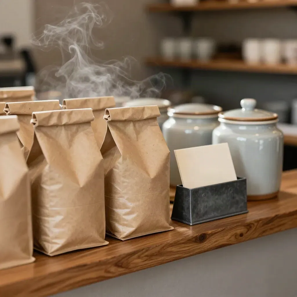 Scaffale di caffè con sacchetti kraft, vasi in ceramica e ledge in rovere in un angolo accogliente.