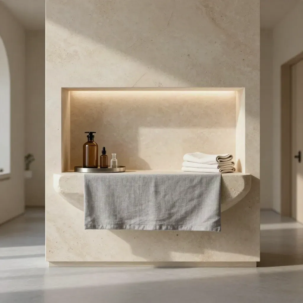 Niche reception elegante in travertino con flaconi e luce soffusa