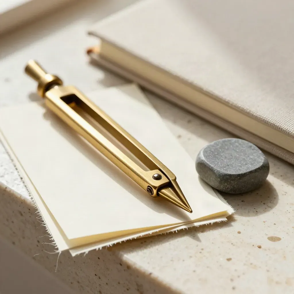 Compasso in ottone, swatch e quaderno chiuso su travertino, luce morbida.