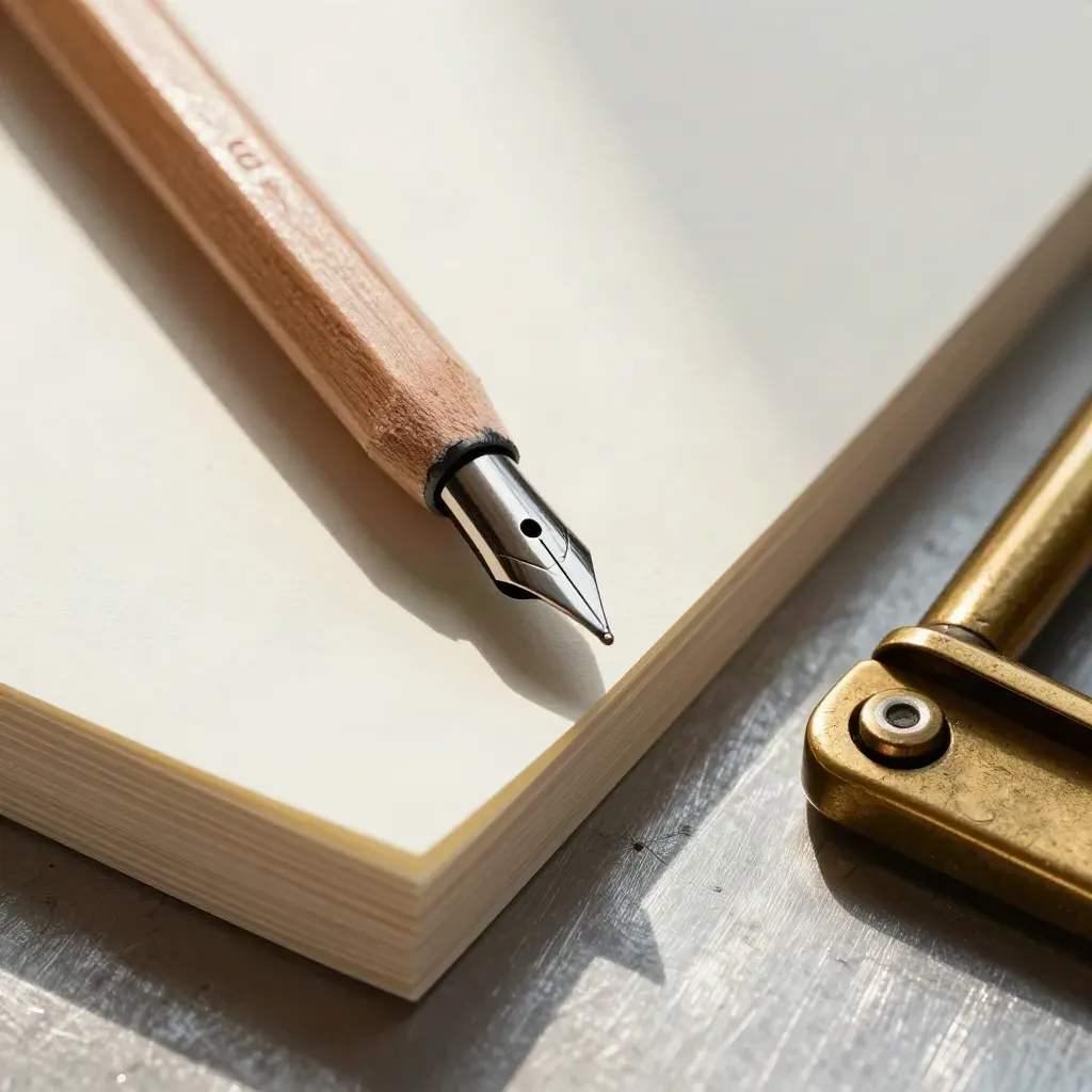 Primo piano di penna stilografica, matita, cartoncini sigillati e tagliacarte in ottone.