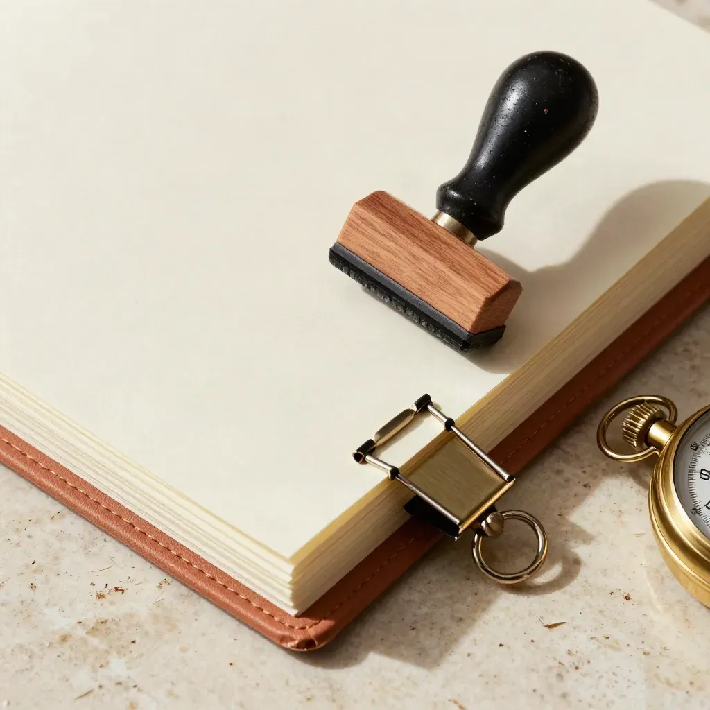Binder di pianificazione con clip metalliche, timbro e cronometro su pietra chiara.