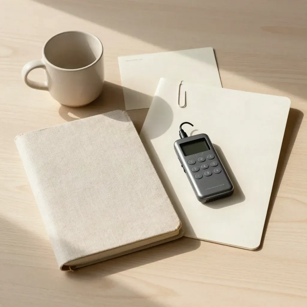 Flatlay su legno chiaro con taccuino chiuso, tazza in ceramica, registratore e cartella con fermaglio.