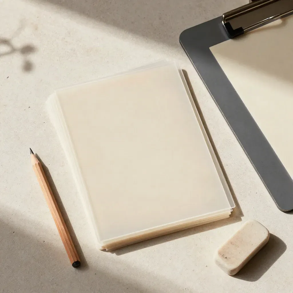 Flatlay dall’alto con acetati, matita grafite, gomma pane e proof board su pietra chiara.