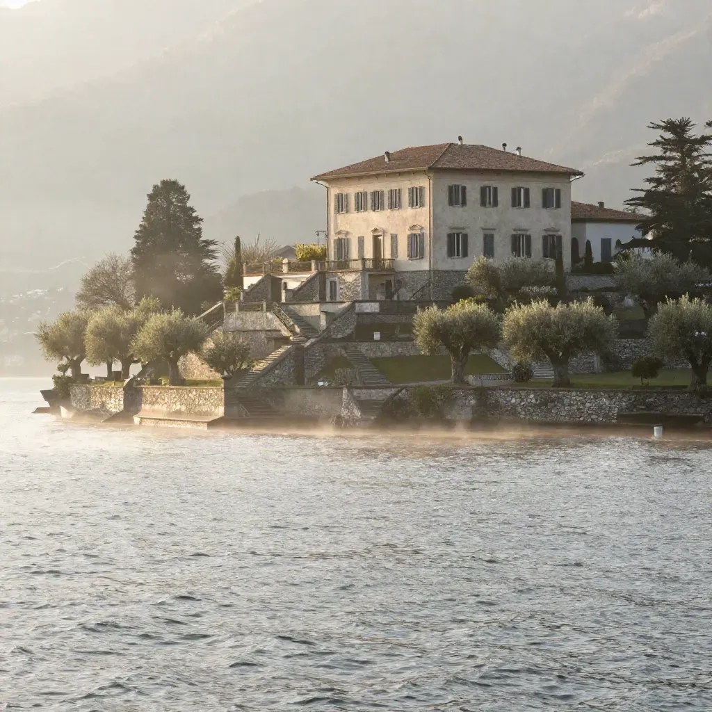 Lago di Como all’alba con villa terrazzata nella nebbia e lago calmo in primo piano