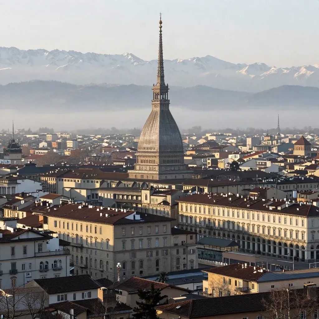 Panorama di Torino all'alba con la Mole Antonelliana nella foschia e le Alpi sullo sfondo.