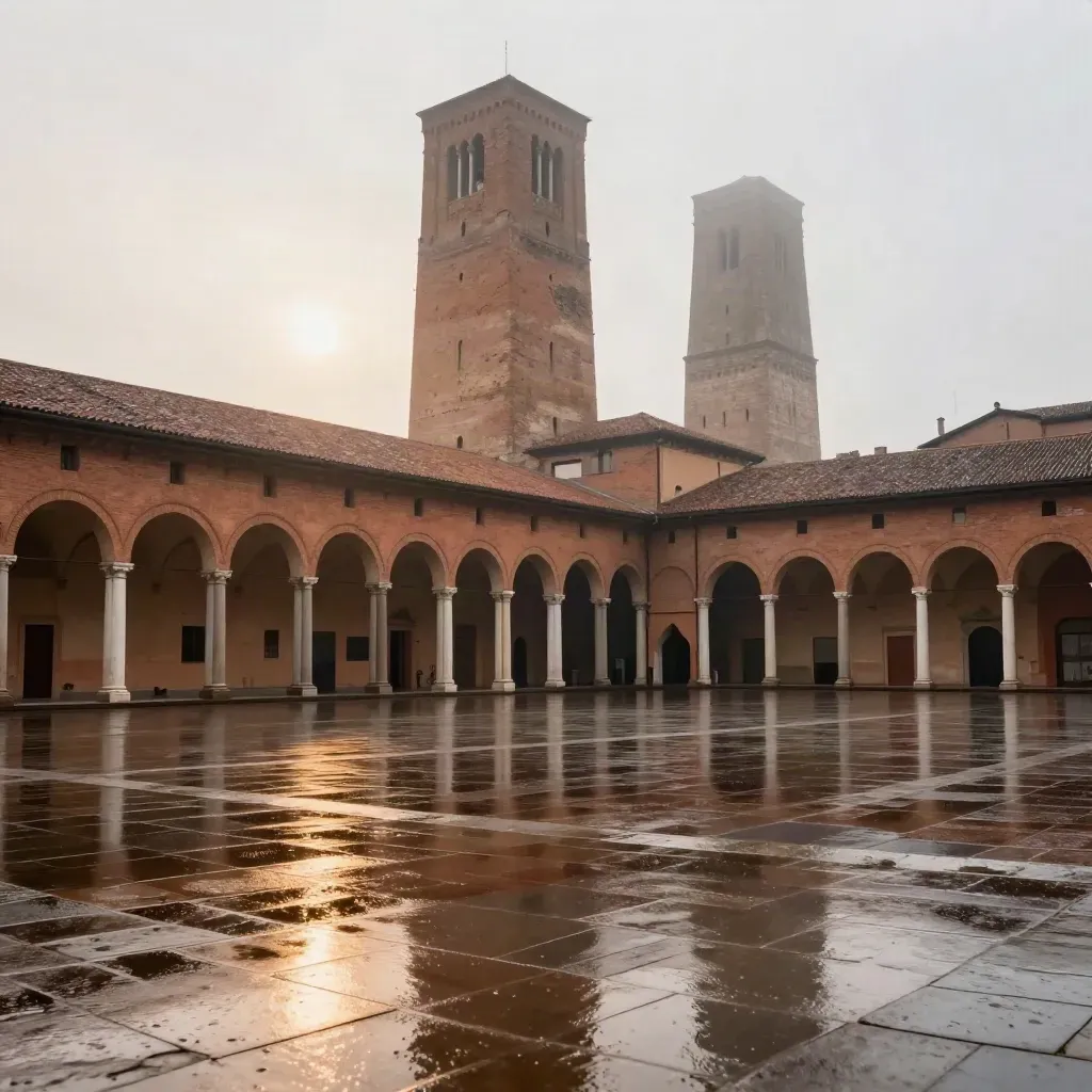 I portici e le Due Torri di Bologna sopra una piazza bagnata, tra nebbia e luce dorata