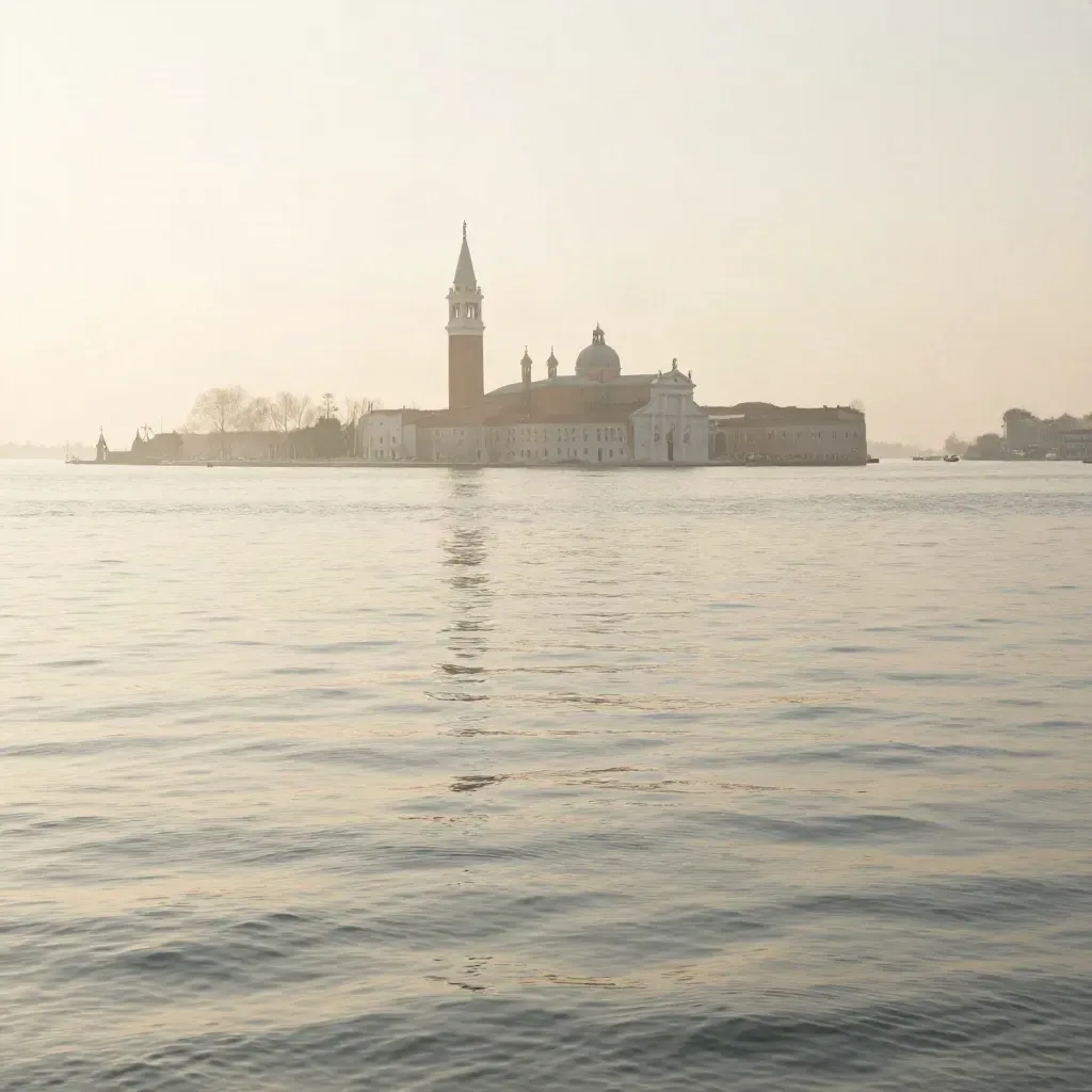 Il campanile di Venezia emerge alto sulla laguna pallida tra isole velate di foschia.