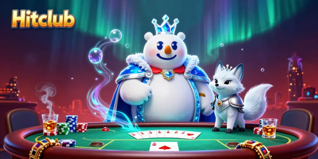 Experience the thrill of gaming at Hitclub with a vibrant casino illustration featuring an ice king polar bear and snow fox.