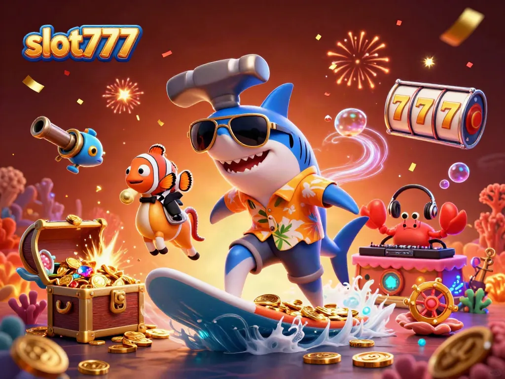 Spin to win with slot777 as a shark surfs gold coins amidst vibrant casino elements.