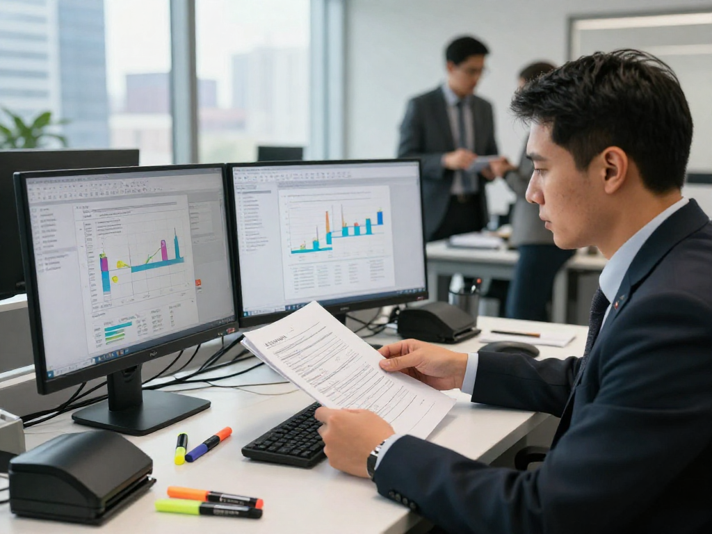 Document fraud detection analysis in a professional office with monitors displaying data.